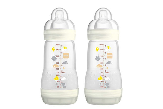 MAM Bottles for Feeding Baby showing the unique lid shape and cute animal designs on the front and back of the bottle. 