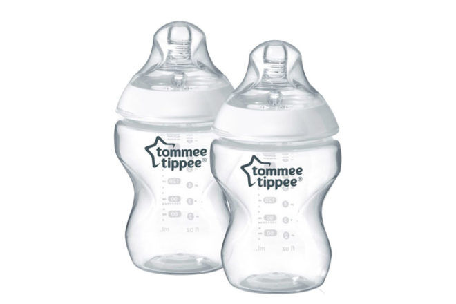Tommee Tippee Closer to Nature baby bottles showing wide neck and twisted nipple