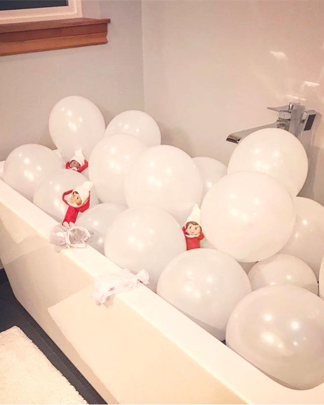 Elf on the Shelf ideas bubble bath balloons