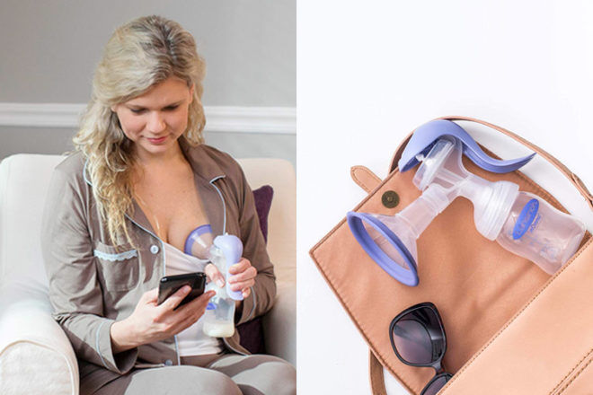 Lansinoh portable manual breast pump buing used by a mother who looking at her phone while expressing milk