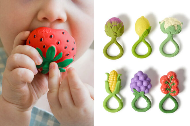 OLI&CAROL Fruit and Veg teethers with a baby using the strawberry one