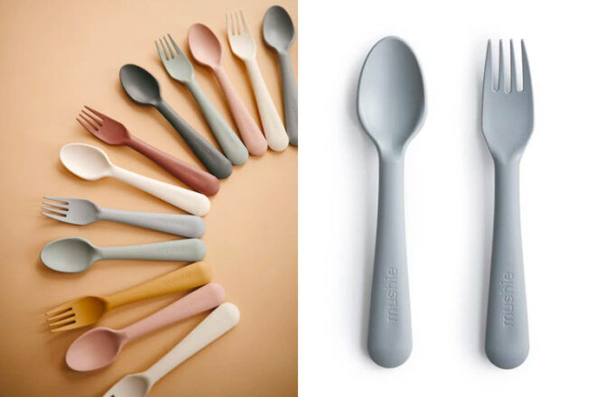 Rainbow of Mushies silicone spoons in muted earth colours next to an individual fork and spoon showing close up design and shape