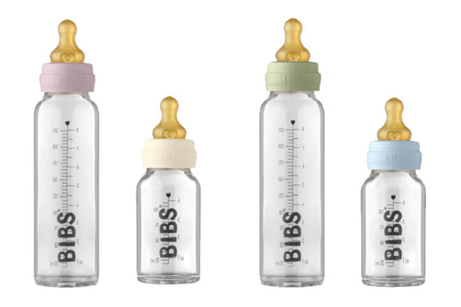 Four colours and sizes of the BIBS Glass Baby Bottle