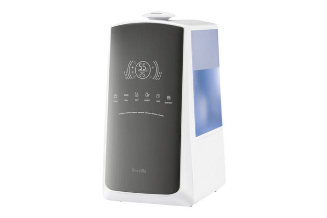 Breville Smart Mist Humidifier showing the front panel with all the controls and the side view where the water goes.