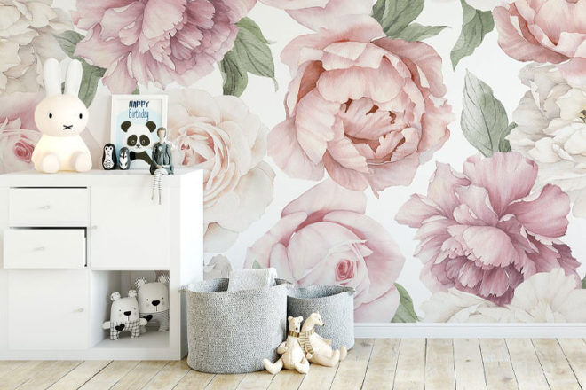 Ginger Monkey Peony and Rose Nursery Wallpaper