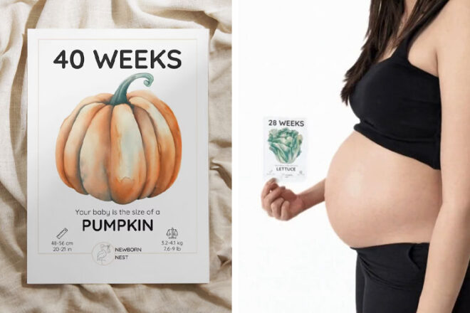A pregnant woman holding a Newborn Nest Digital Pregnancy Milestone Card