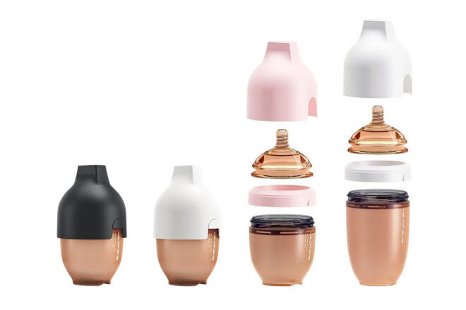 Omababy HeorShe Ultra Wide Neck Silicone baby bottles showing the four part lid and nipple configuration. Comes in three colours - black, white and pink. 