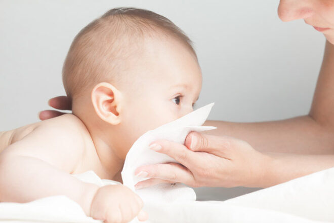 Keep baby eczema at bay by wiping any saliva and drool away from the mouth as soon as possible 
