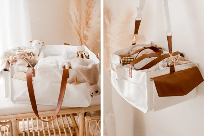 Front and side views of Little Bare Henni Stain-Resistant portable diaper caddy, showing different compartments organised with baby items, as well as side pockets and carry strap in use for hanging.