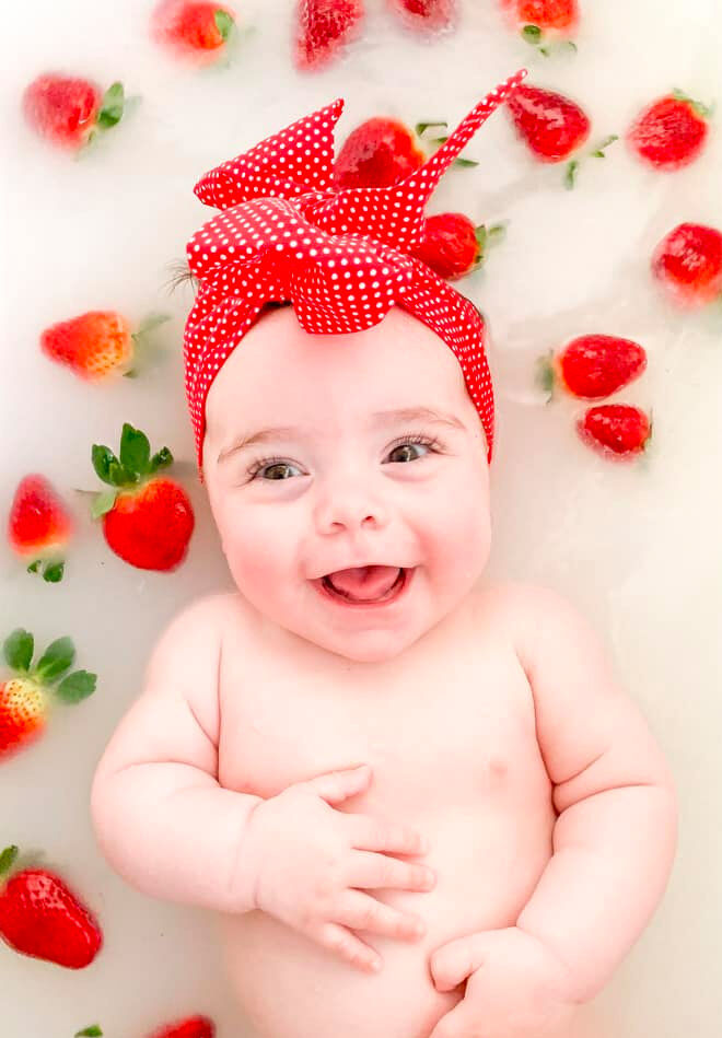 Baby milk bath fruit photos