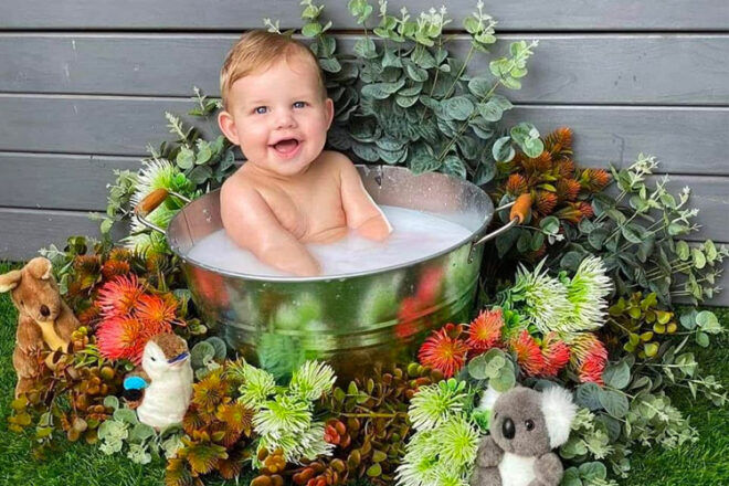 Australia themed baby milk bath photos