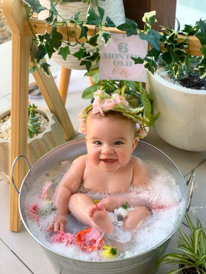 Milestone baby milk bath photos