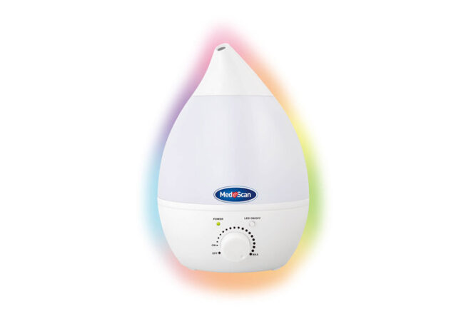 Medescan Rainbow Mist Ultrasonic Humidifier showing the front view with all the different rainbow night light options