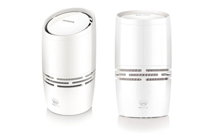 Philips NanoCloud cool mist humidifier showing the side and back views of the unit