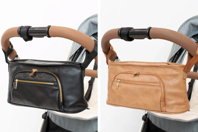 Hannah and Henry vegan Leather Pram Caddy showing use on a stroller in two different colours, black and light tan