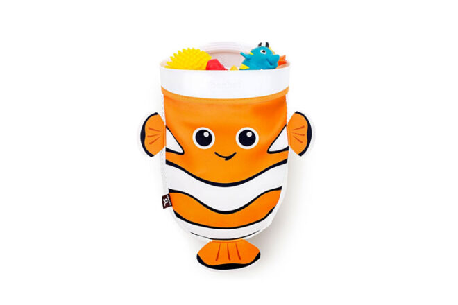 A clown fish bath storage bag with bath toys sitting in the opening