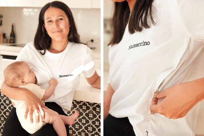 OMM Label nursing shirt showing woman breastfeeding whilst wearing the top, as well as close up of the hidden zip.