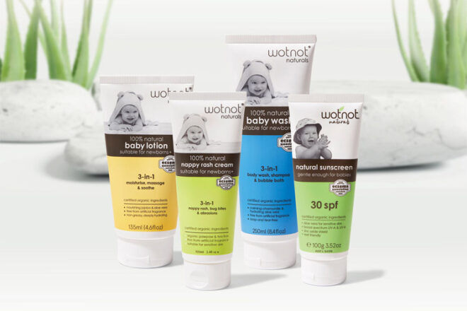 Close up front views of Wotnot Naturals packaging showing Baby Lotion, Nappy Rash Cream, Body Wash and Natural sunscreen so you can compare the size of the tubes.