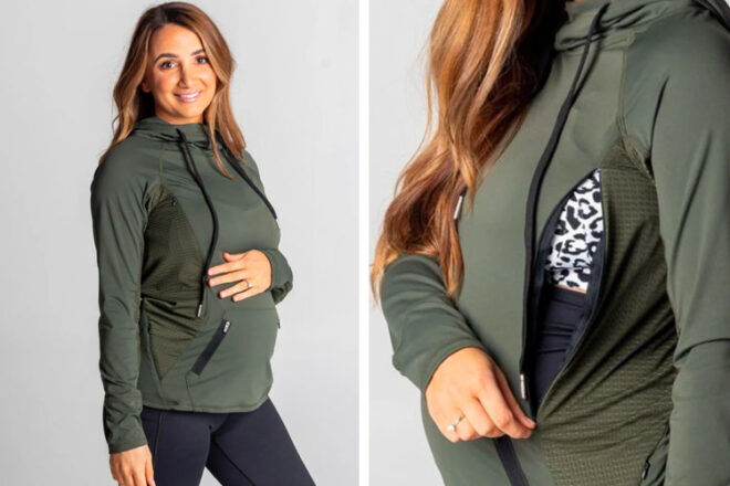A woman wearing The Milk Boutique Breastfeeding hoodie in green, showing front view and close up of unzipping the hidden opening.