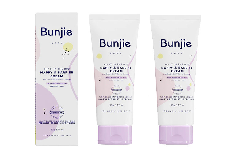 Benjie Nappy & Barrier Cream showing the front and back packaging and the box it's shipped in