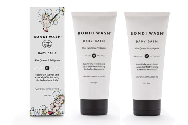 Bondi Wash Baby Balm showing front and back packaging and new May Gibbs limited edition box