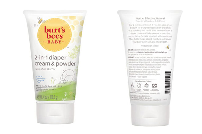 Burt's Bees 2-in-1 Diaper Cream & Powder showing the front side and back side of the product. 