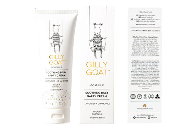 Gilly Goat Soothing Baby Nappy Cream showing the front product label, front of the box and back of the box with the ingridents listed
