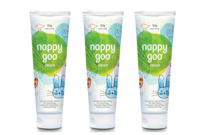 Nappy Goo Cream showing the front back and side of the 100ml tube of nappy rash cream