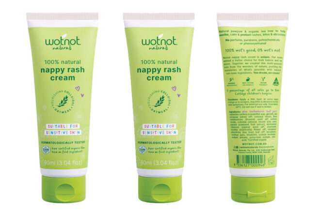 Wotnot Natural Nappy Rash Cream & Baby Balm showing both sides of the packaging of the 90ml tube.