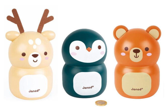 Janod showing Character Money Boxes with a fawn, penguin and bear themed shape