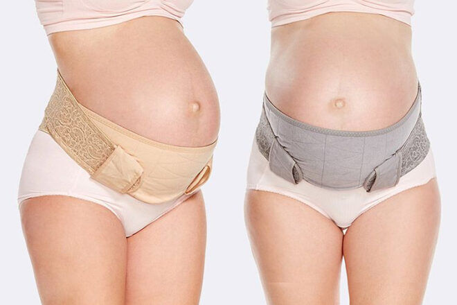 Mamaway Pregnancy Support Belt in both grey and cream. Showing front and side view