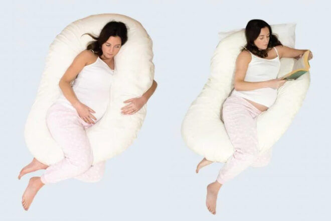 Therapeutic Pillow CuddleUp Body Pillow showing two views, one with an expecting mother with the pillow between her legs and shoulder and arm under the pillow, compared to the other option of the pillow between the legs and the shoulders over the pillow. 