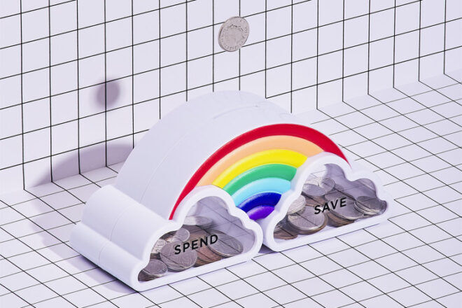 Yes Studio Kids showing a rainbow Money Box with spend and save dividing sections in each cloud