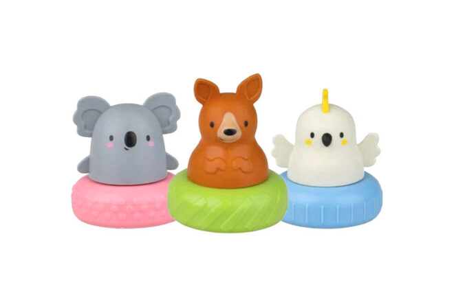 Three bath tub toy animals - a koala, a kangaroo and a cockatoo with colourful rings