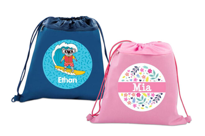 Bright Star Kids Swim Bags showing a blue and pink personalised bag