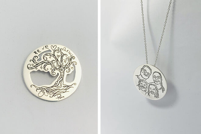 Close ups of Art to Charm custom jewellery showing how hand drawn images can translate to pieces such as brooches or family portrait necklaces.