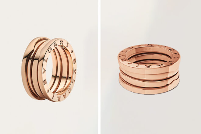 Side views of Bvlgari engraved ring showing close up of shiny finish as well as detail in the engraving and band.