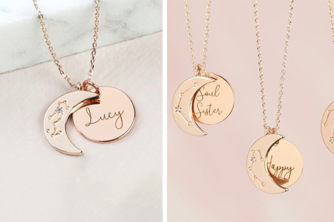 Close up front views of Lisa Angel constellation necklaces showing various styles and options for engraving, as well as showcasing the shiny finish and added gemstone.
