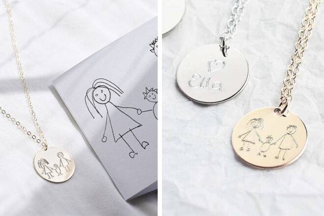 Close ups of Minetta Jewellery drawing necklaces showing comparison of child's drawing to finished necklace as well as back side of pendant with engraving of child's name for extra personalisation. 