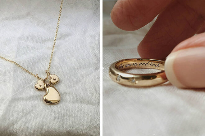 Close ups of Ruusk personalised necklace and ring showing shiny finish and shapes of heart pendants with initial engraving, as well as unique phrase engraved on inside of wedding band.