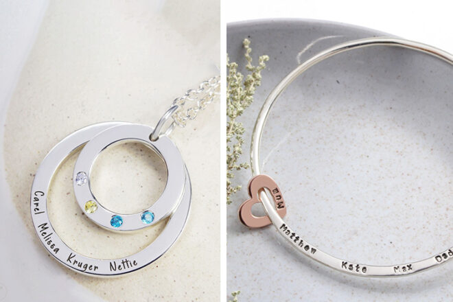 Silvery name necklace and bangle, showing close up detail of birthstones as well that multiple names can be stamped onto the jewellery.
