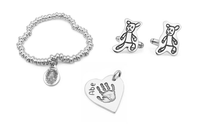 Collection of Smallprint unique jewellery showing something for everyone, featuring fingerprint, child's drawing and handprint personalisation options on three different types of jewellery including bracelet, pendant and cufflinks. 