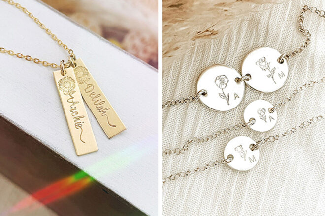 Close up front views of Stamp and Shine family jewellery, showing detailed engraving of letters and images on both necklace and bracelets, in various sizes.