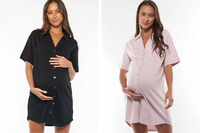 A woman wearing the Bae the Label Rise And Lounge Nursing Dress in black and pink