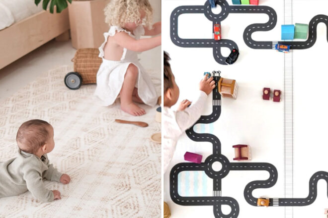 Child playing on the contemporary side of the play mat and another on the road map side