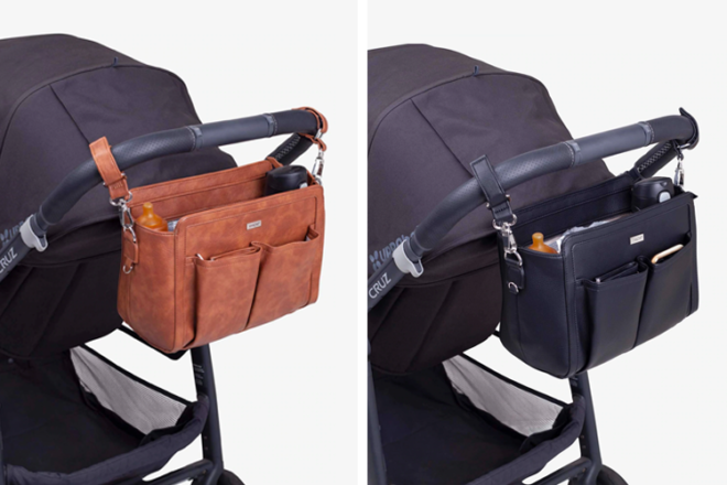 Close-ups of Amelia Convertible Pram Caddy in tan and black, showing them attached to pram handle with pram clips.