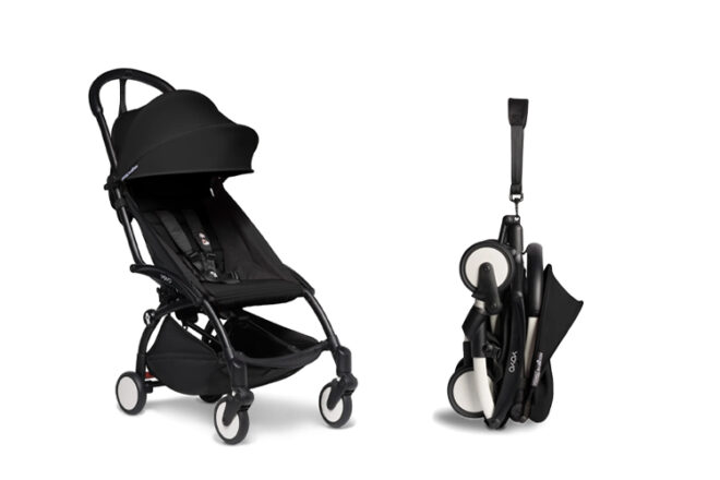 BabyZen YoYo travel stroller showing side view extended with hood down and comparing how compact it is once the pram is folded.