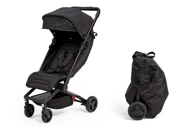 Edwards & Co Otto Travel Stroller showing it extended with it's small basket compared to the compact folded size shown here with the travel bag in use. 