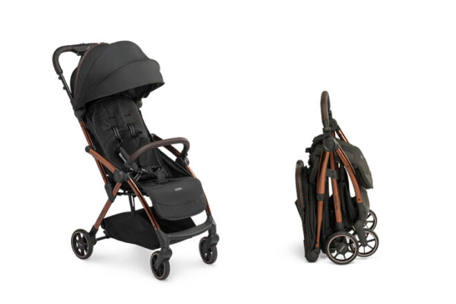 The Leclercbaby Influencer stroller in black shown unpacked and packed away for travel