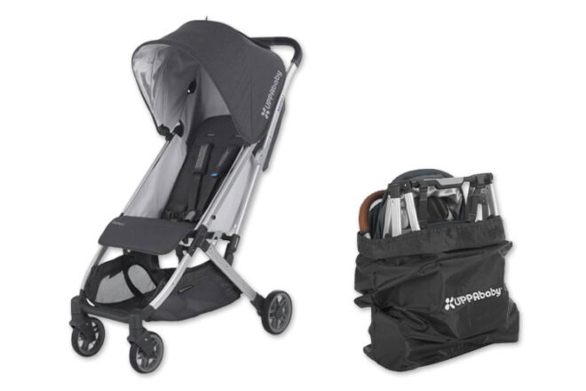 UPPAbaby Minu stroller showing upright open position and folded position